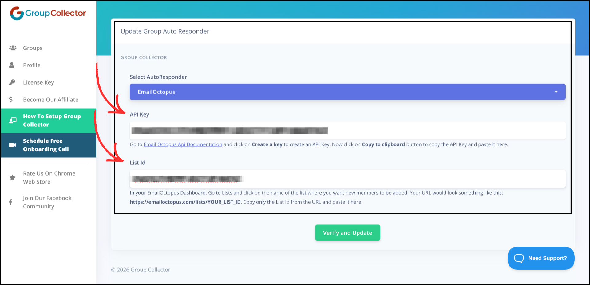 Group Collector EmailOctopus configuration form showing API Key and List Id fields with arrows pointing to both