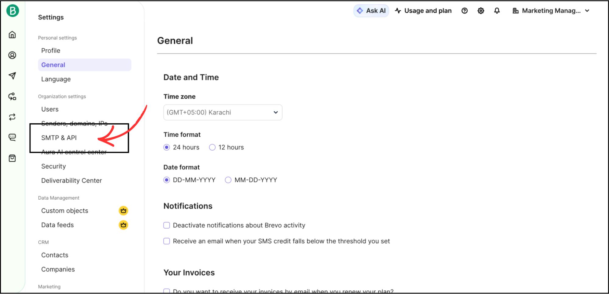 Brevo Settings page showing SMTP and API option highlighted in sidebar