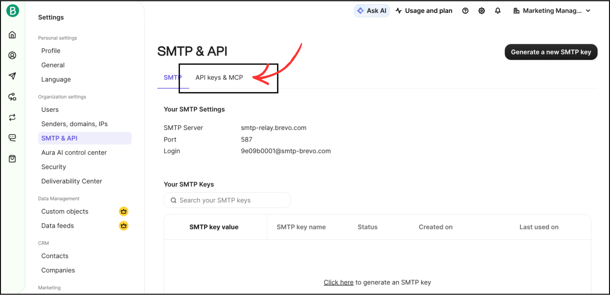 Brevo SMTP and API settings page with API keys and MCP tab highlighted