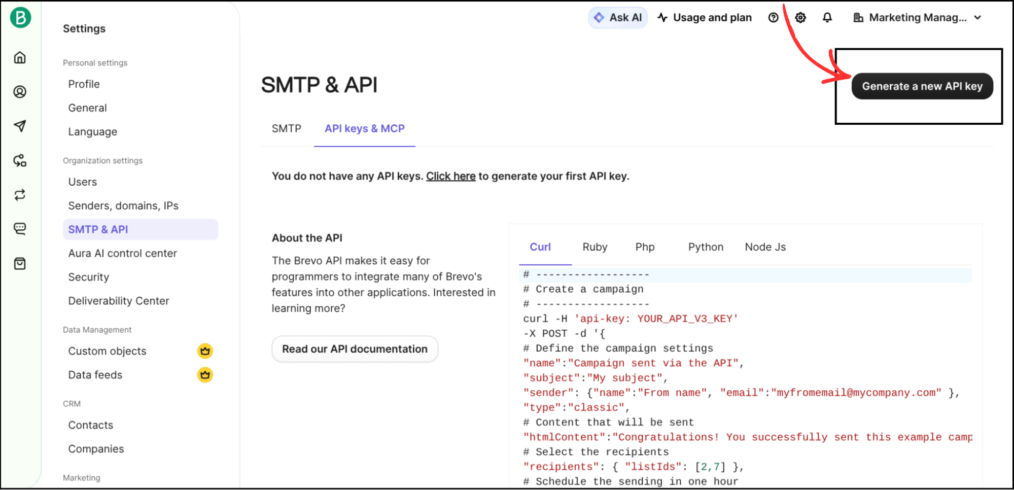 Brevo SMTP and API page with Generate a new API key button highlighted
