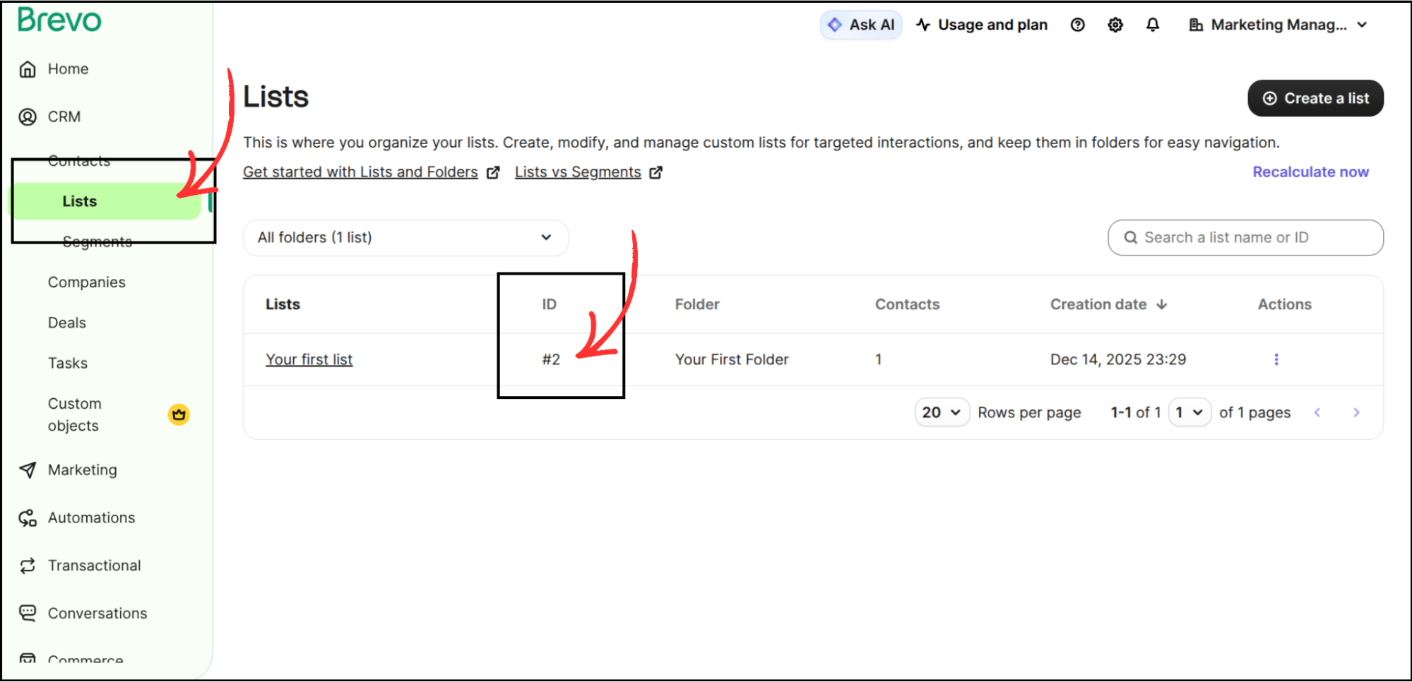 Brevo Lists page showing Lists option in sidebar and ID column with list number highlighted