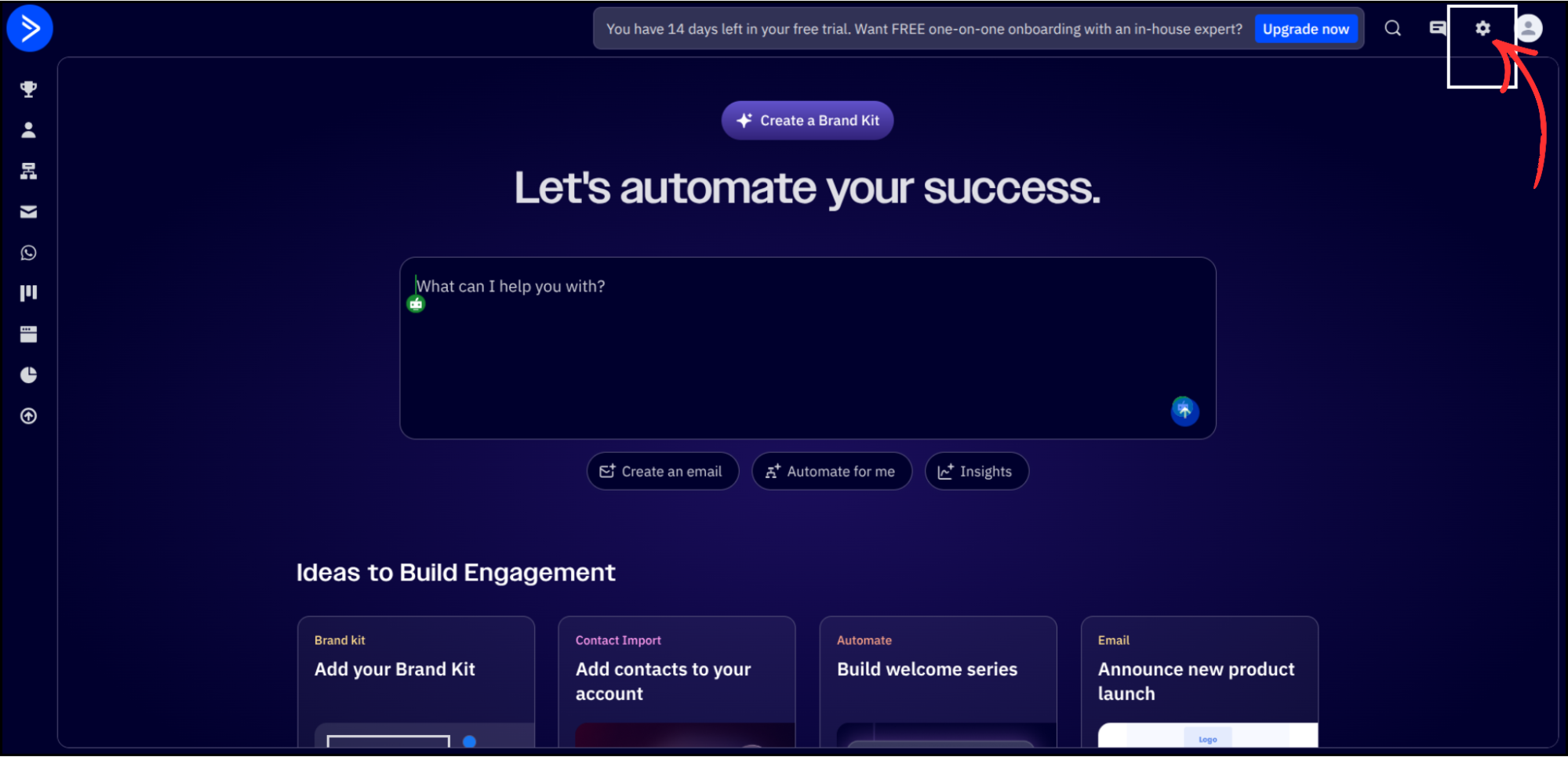 ActiveCampaign dashboard with Settings gear icon highlighted in top-right corner