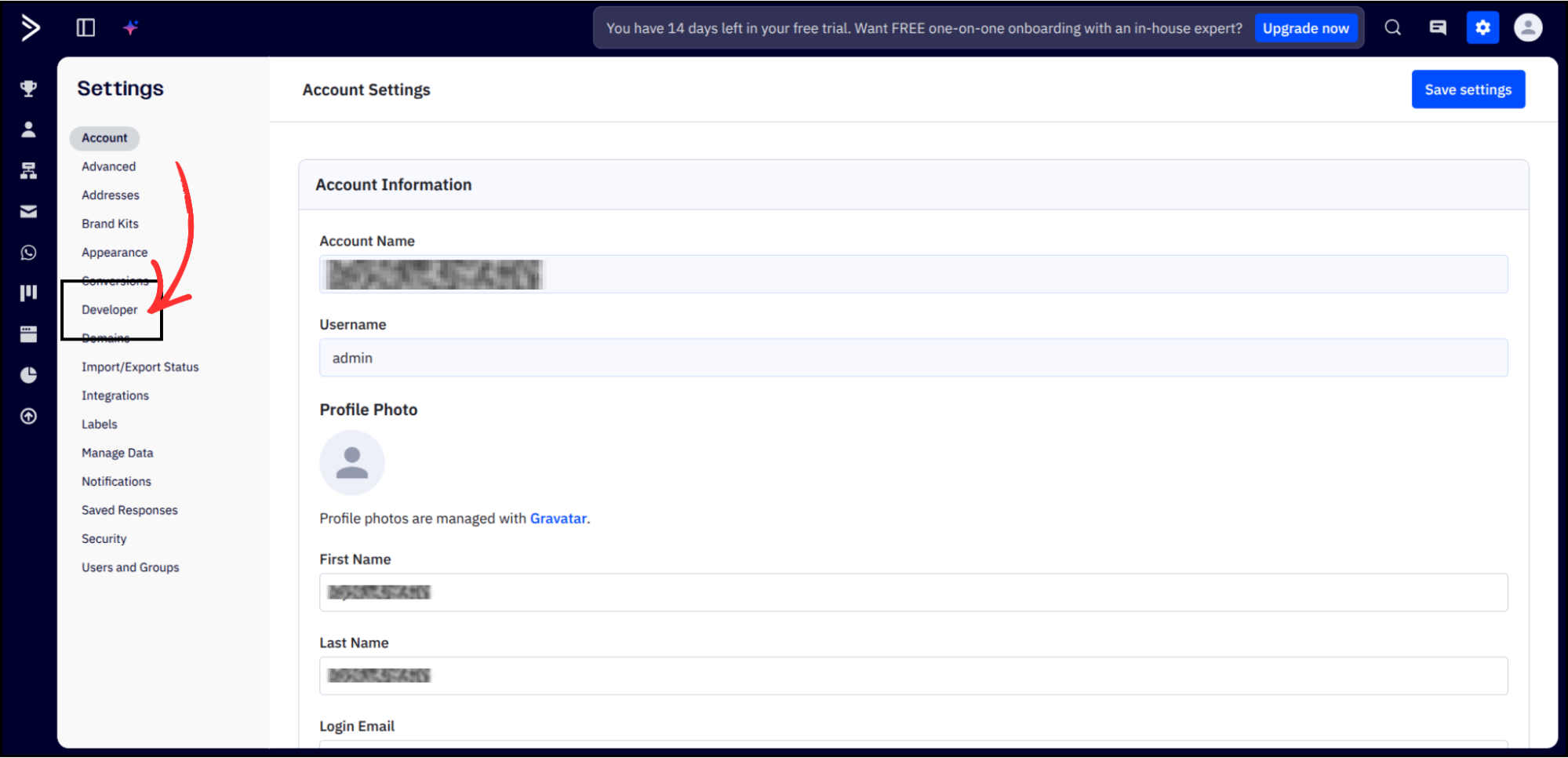 ActiveCampaign Settings sidebar with Developer option highlighted