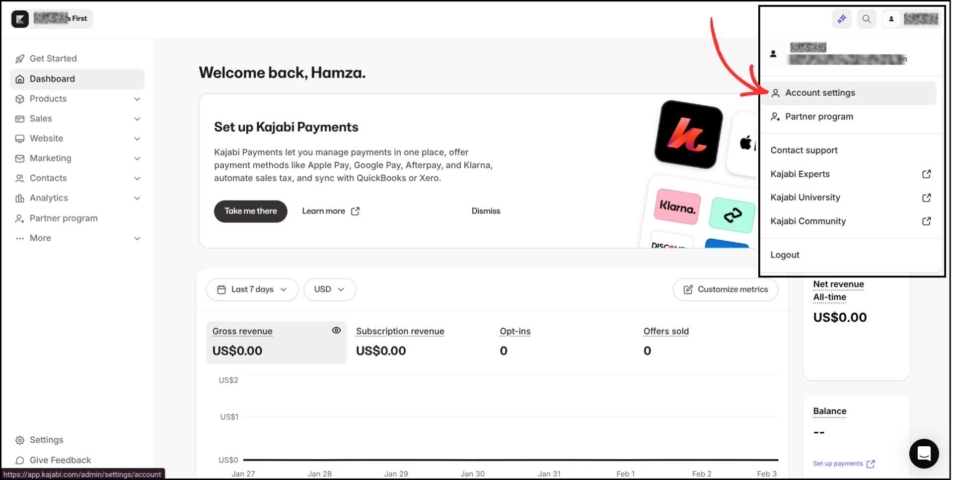 Kajabi dashboard with profile dropdown menu open, arrow pointing to Account settings option