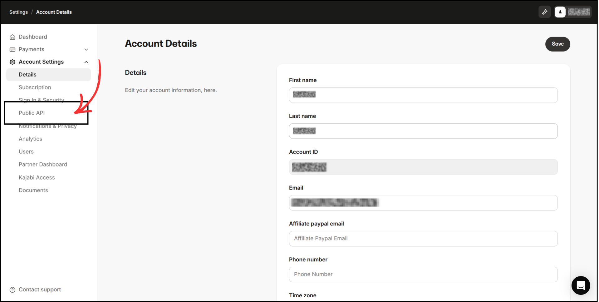 Kajabi Account Settings page with left sidebar expanded, arrow pointing to Public API option
