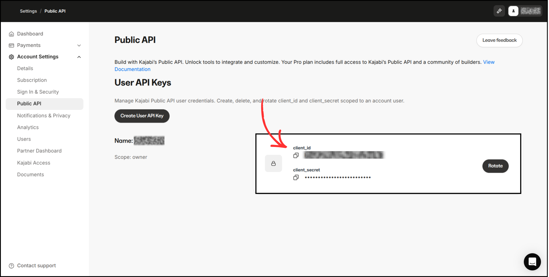 Kajabi Public API page showing Client ID and Client Secret fields with copy buttons highlighted