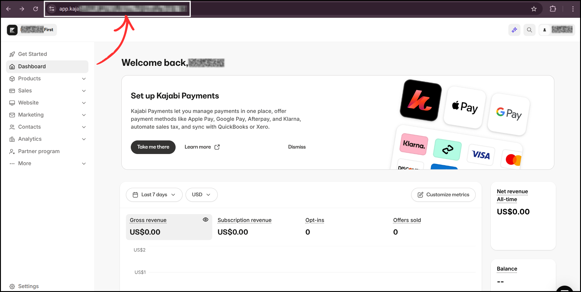 Kajabi dashboard with arrow pointing to browser URL bar showing where to find Site ID