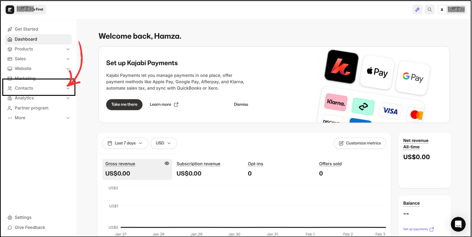 Kajabi dashboard with arrow pointing to Contacts option in the left sidebar menu