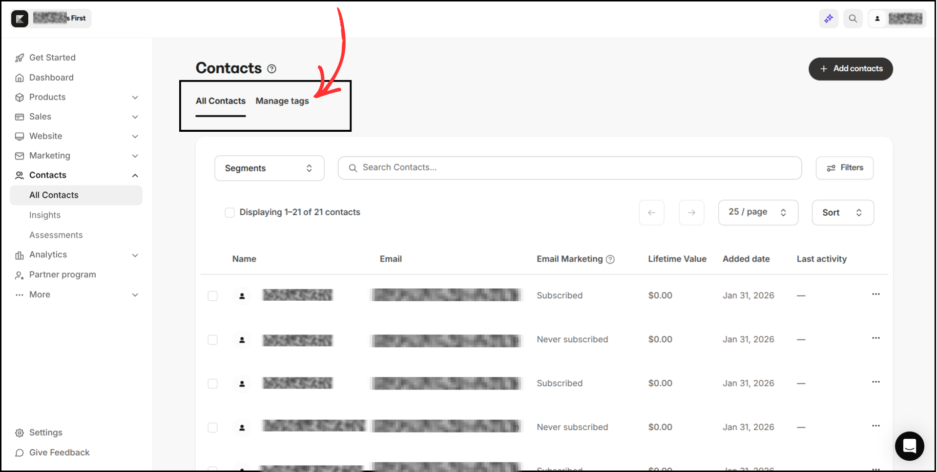 Kajabi Contacts page showing All Contacts and Manage tags tabs, arrow pointing to Manage tags