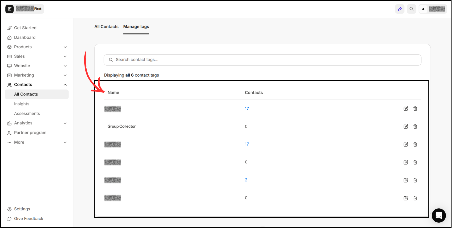 Kajabi Manage tags page displaying list of existing tags including Group Collector tag