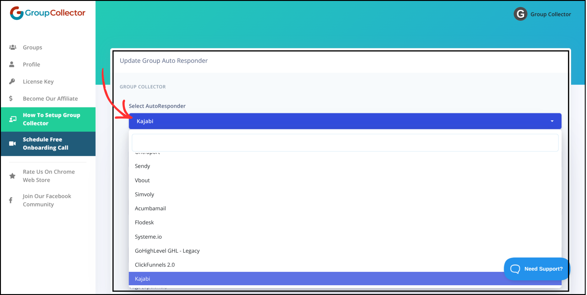 Group Collector autoresponder dropdown menu with Kajabi option highlighted