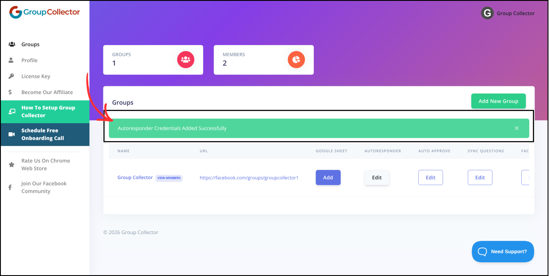 Group Collector dashboard showing green success message - Autoresponder Credentials Added Successfully