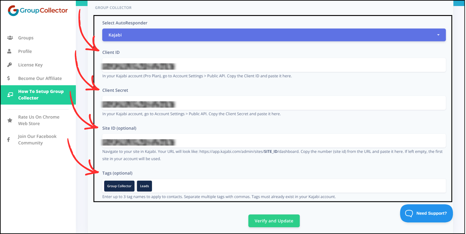 Group Collector Kajabi configuration form showing Client ID, Client Secret, Site ID, and Tags fields with arrows