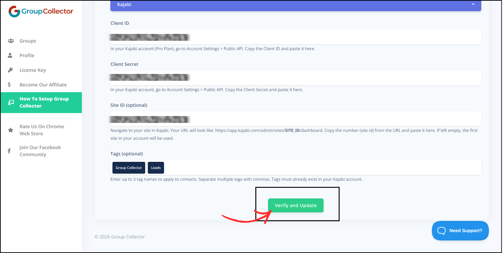 Group Collector Kajabi form with arrow pointing to Verify and Update button