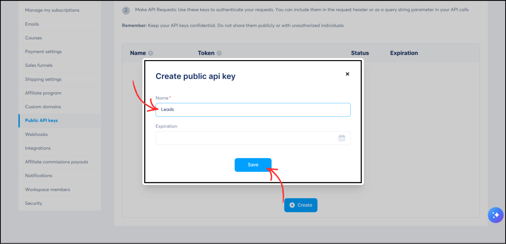 Systeme.io Create public API key dialog with Name field showing Leads and Save button highlighted