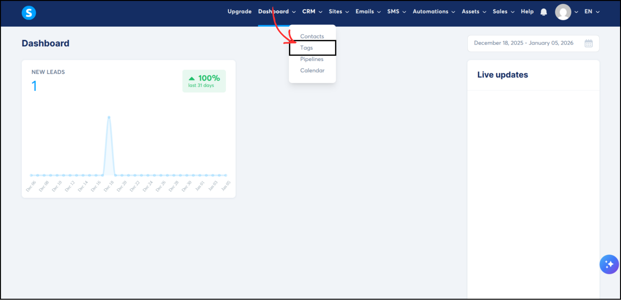 Systeme.io dashboard showing CRM dropdown menu with Tags option highlighted