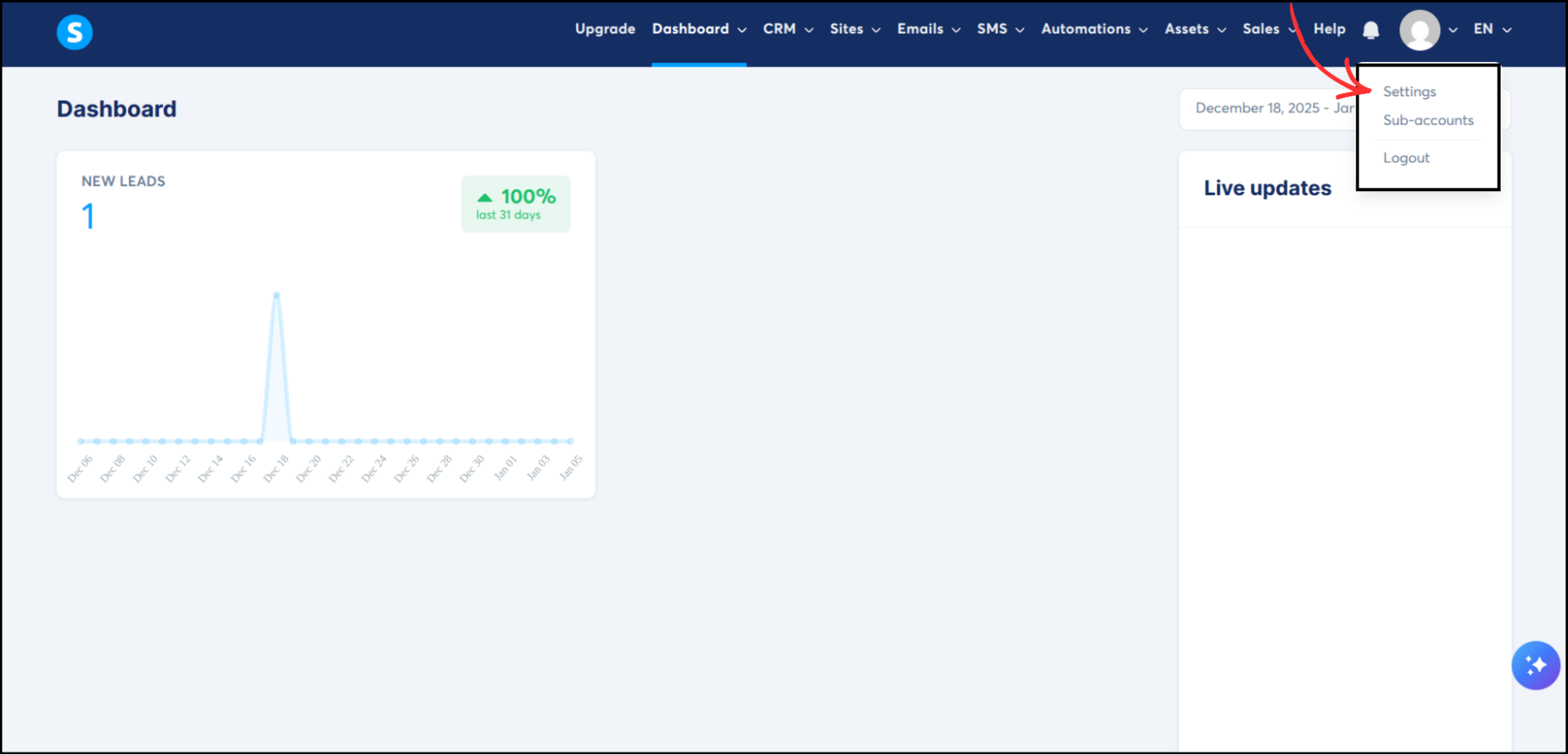 Systeme.io dashboard with profile dropdown menu showing Settings option