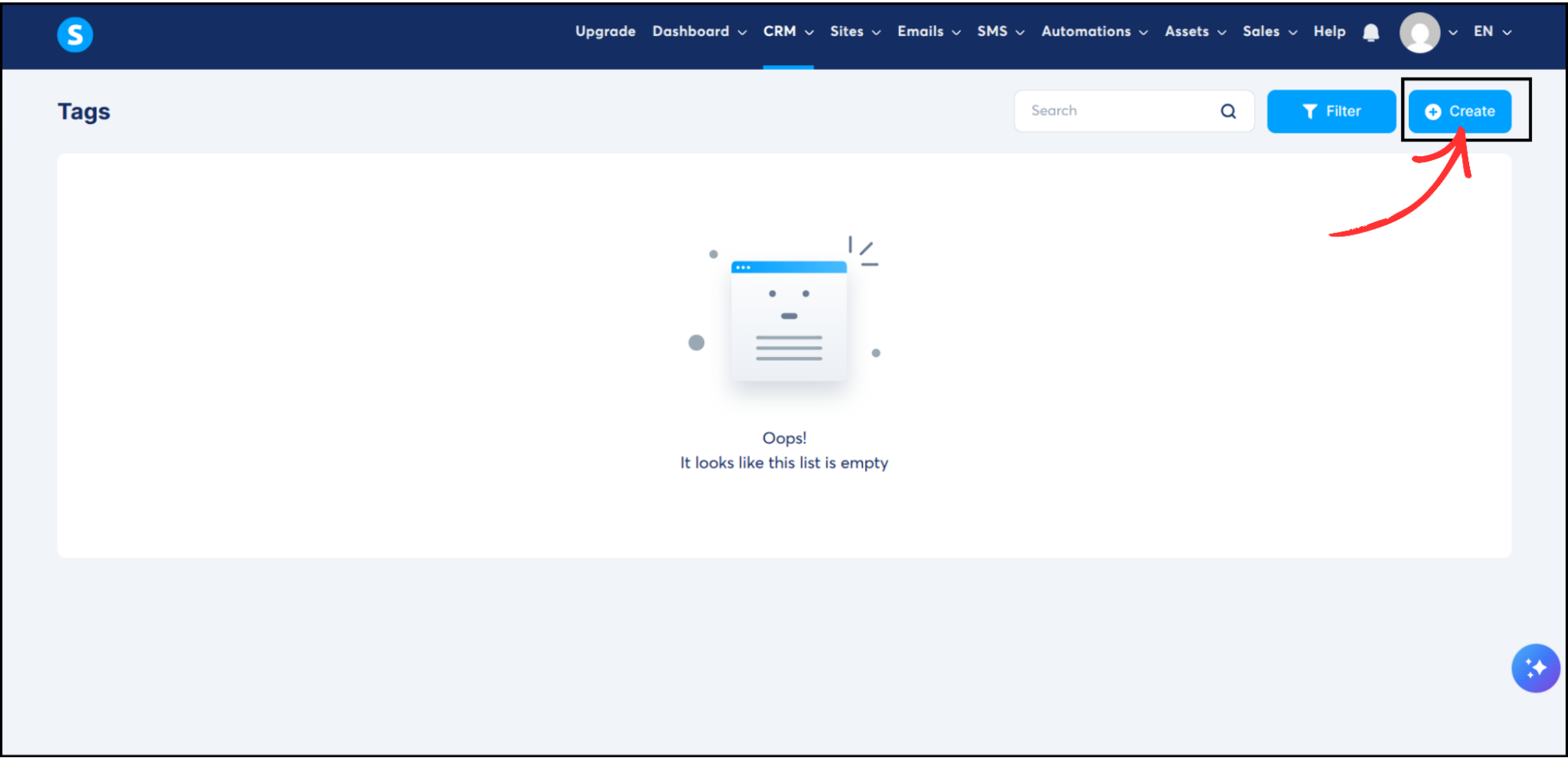 Systeme.io Tags page showing empty list with Create button highlighted