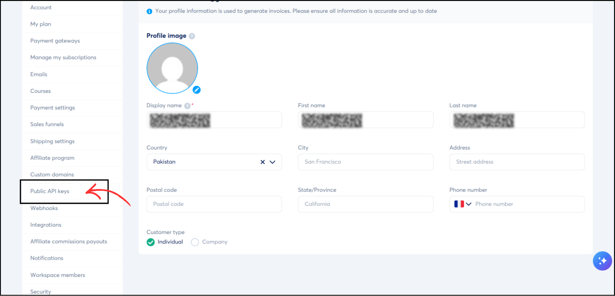 Systeme.io Settings page with left sidebar showing Public API keys option highlighted