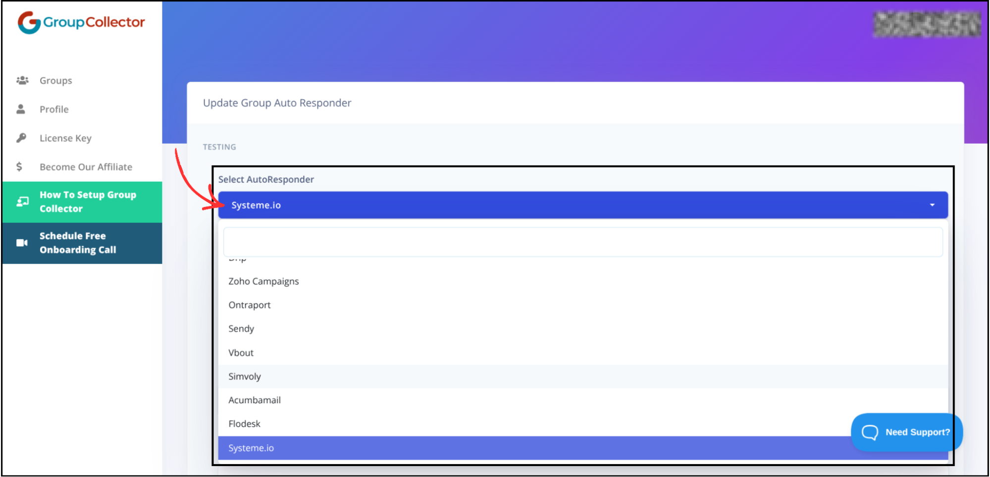 Group Collector autoresponder dropdown menu with Systeme.io option highlighted