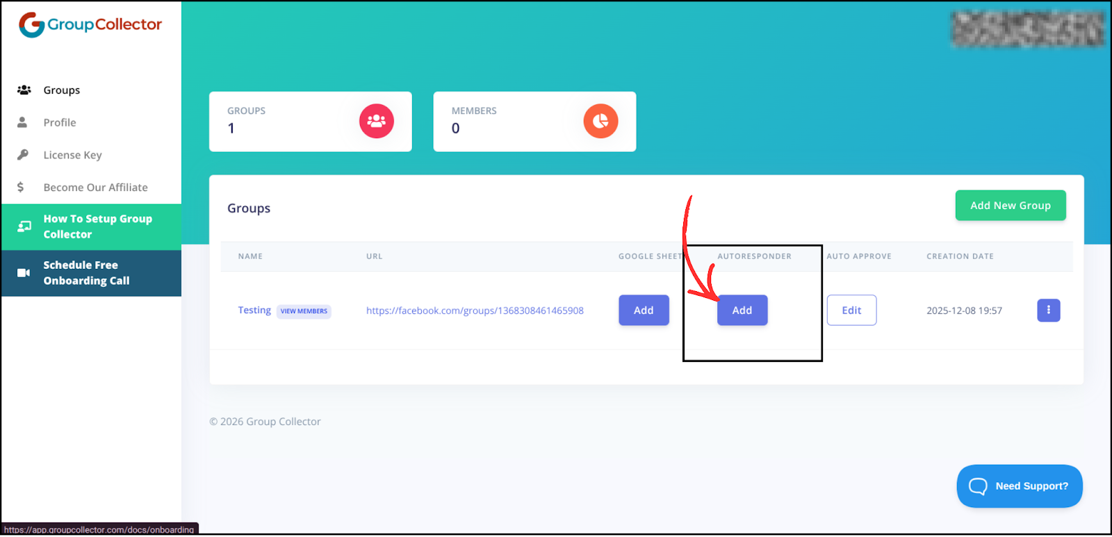 Group Collector dashboard with arrow pointing to Add button in Autoresponder column