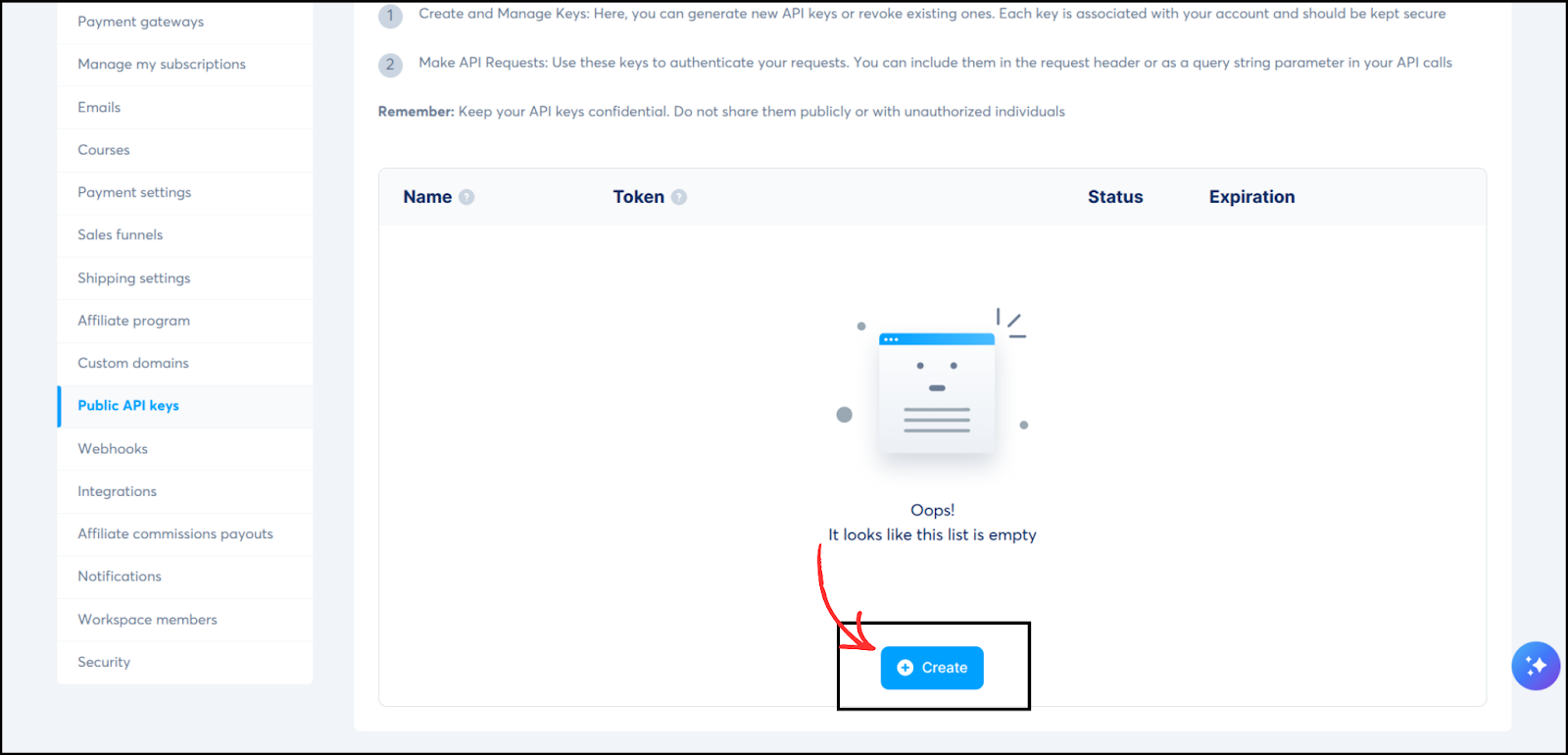 Systeme.io Public API keys page showing empty list with Create button highlighted