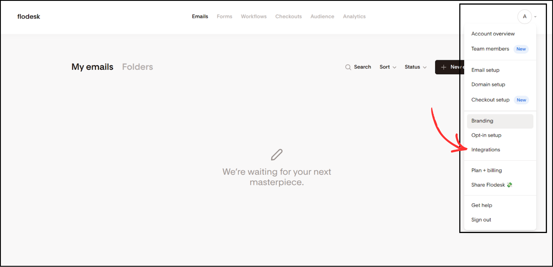 Flodesk dashboard with profile dropdown menu showing Integrations option highlighted