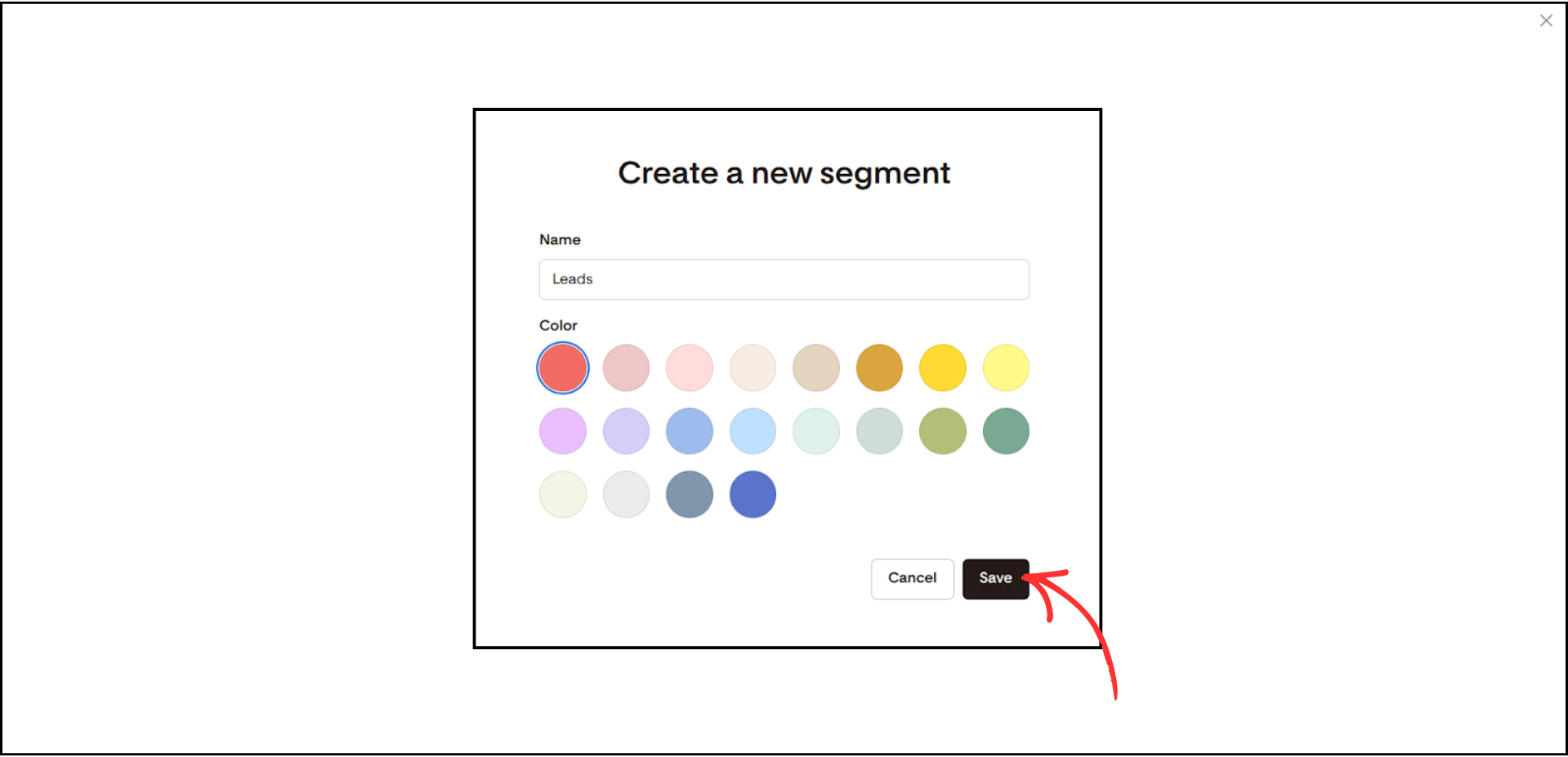 Flodesk Create a new segment dialog with Name field showing Leads and Save button highlighted