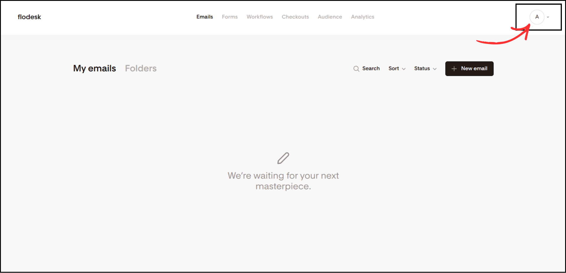 Flodesk dashboard with profile icon highlighted in top-right corner