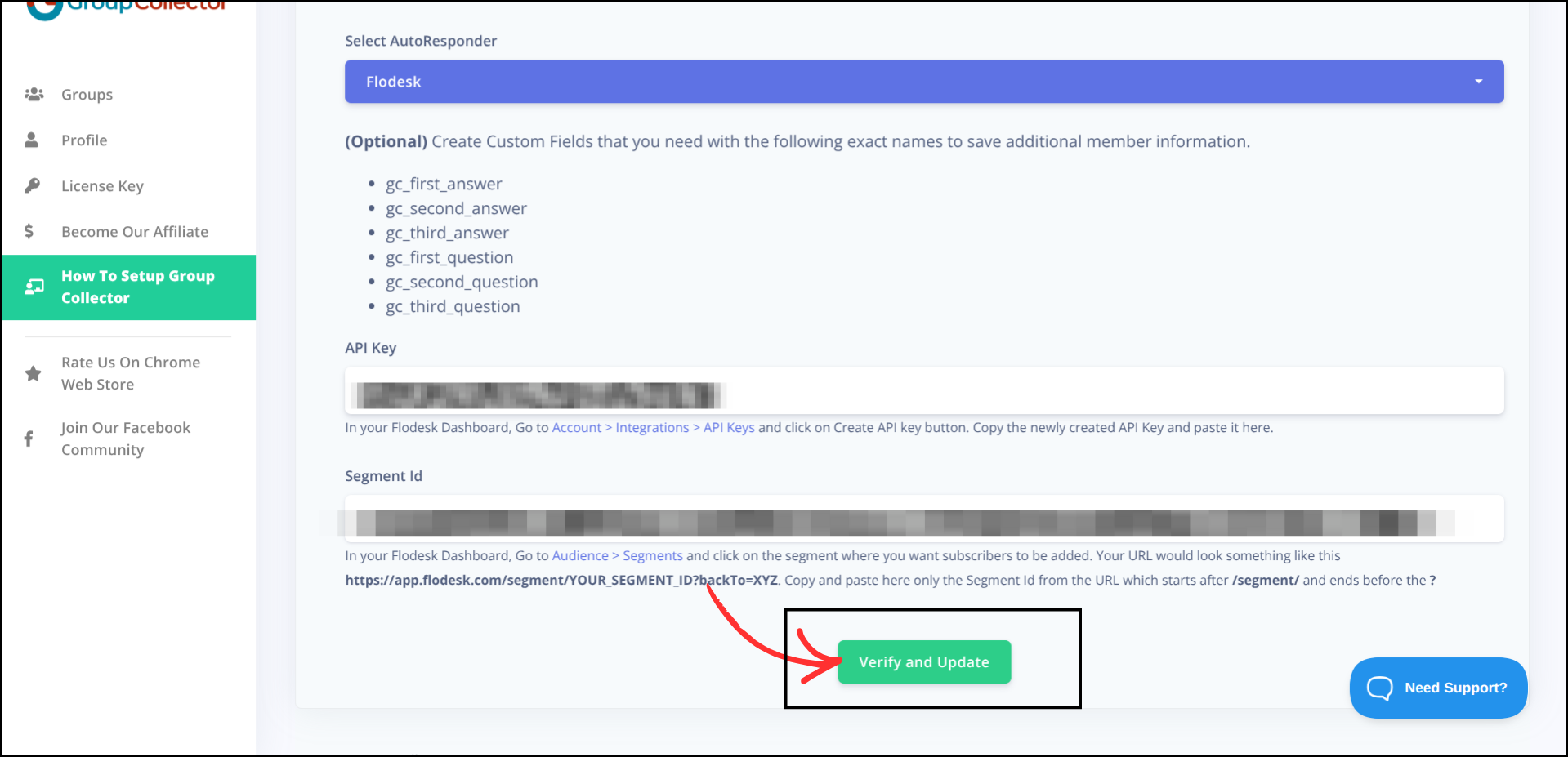 Group Collector Flodesk configuration form showing API Key and Segment Id fields with Verify and Update button highlighted