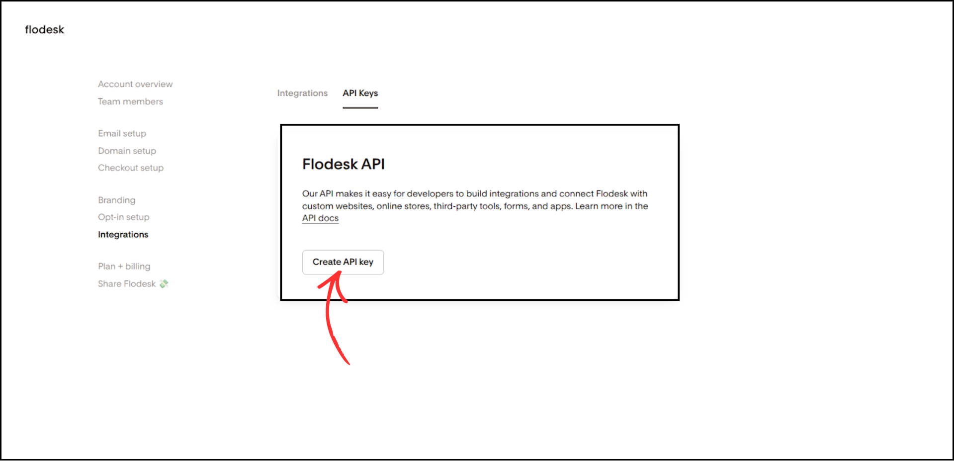 Flodesk API Keys page showing Create API key button highlighted