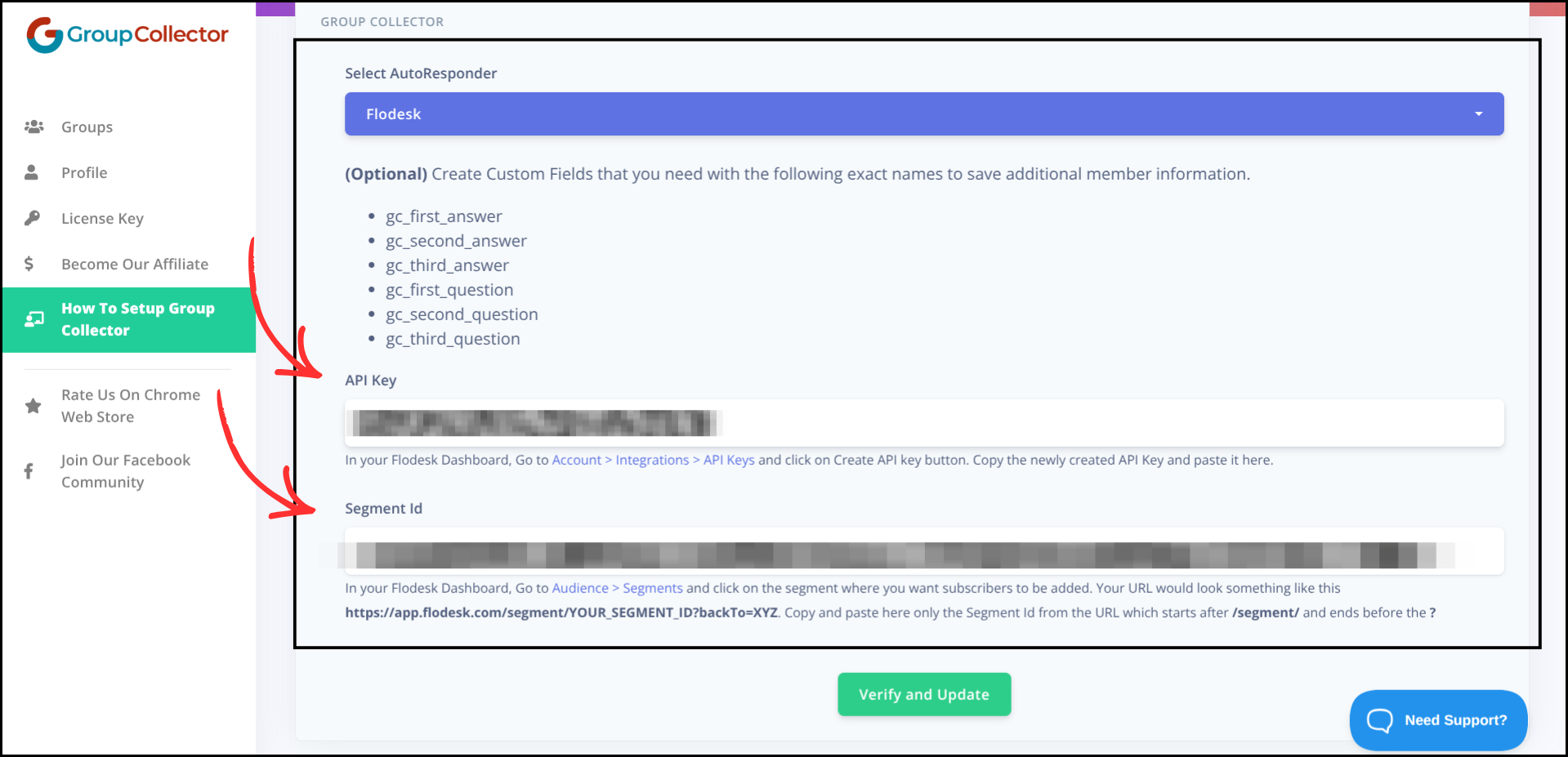 Group Collector Flodesk configuration form showing API Key and Segment Id fields with arrows pointing to both