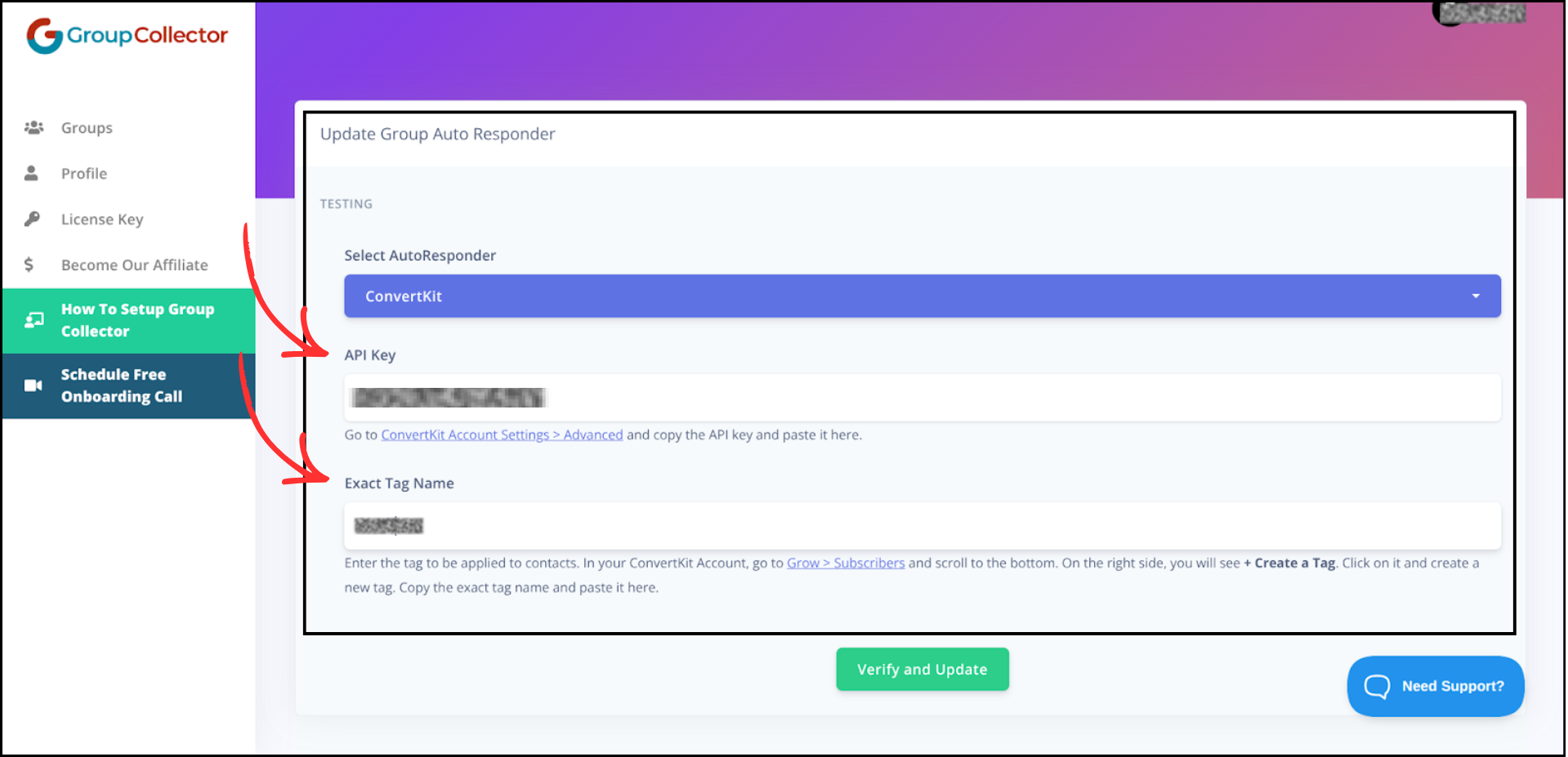 Group Collector ConvertKit configuration form showing API Key and Exact Tag Name fields with arrows pointing to both