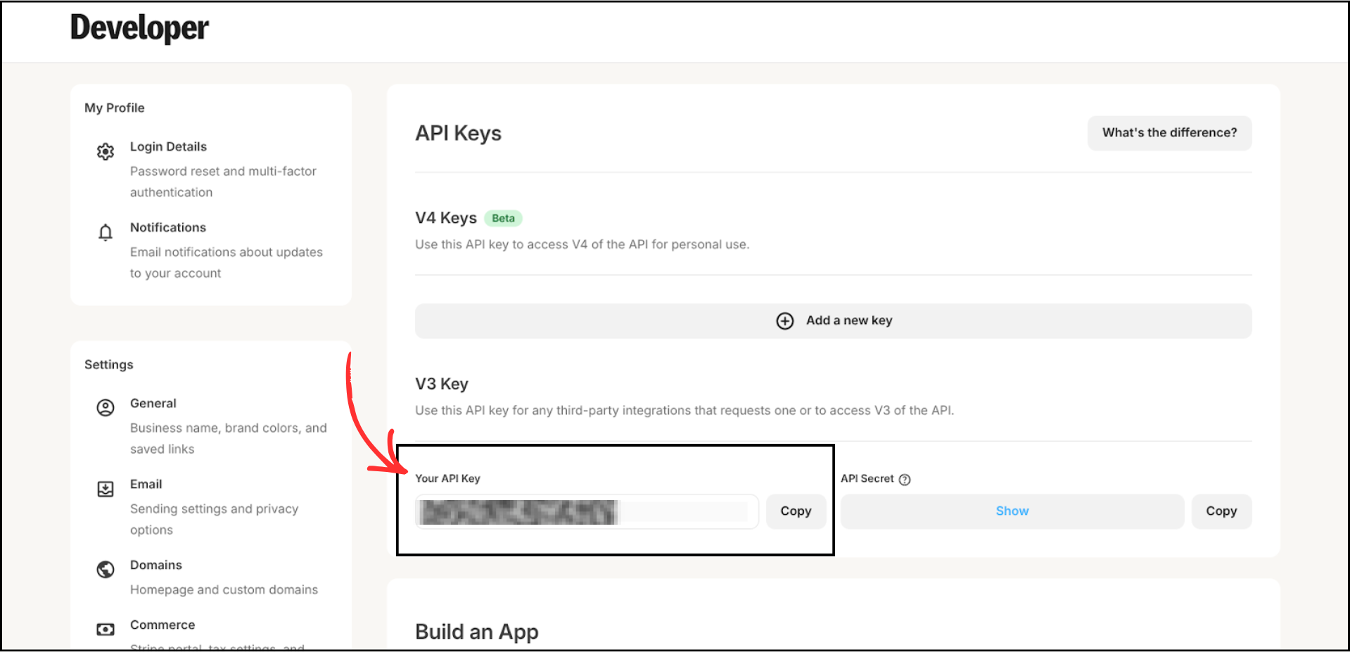 ConvertKit Developer page showing API Keys section with V3 Key Your API Key field highlighted