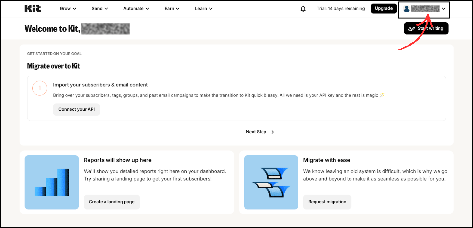 ConvertKit dashboard with profile icon highlighted in top-right corner