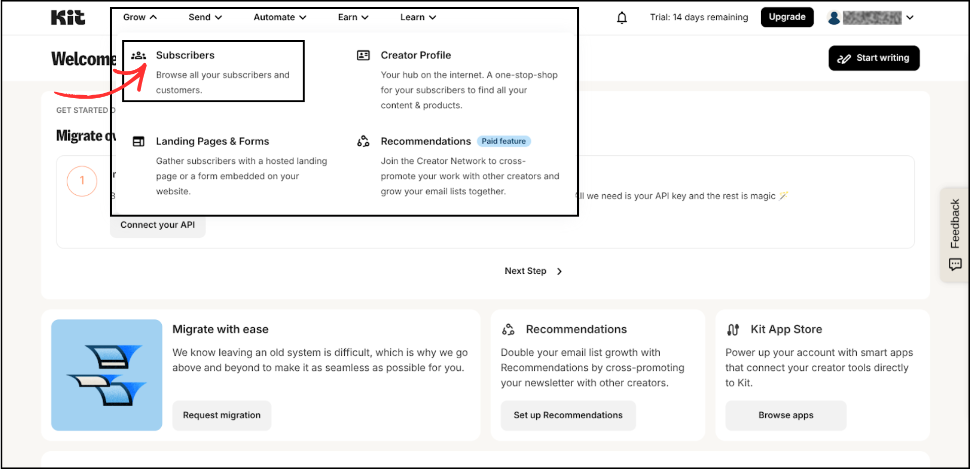 ConvertKit Grow menu expanded showing Subscribers option highlighted