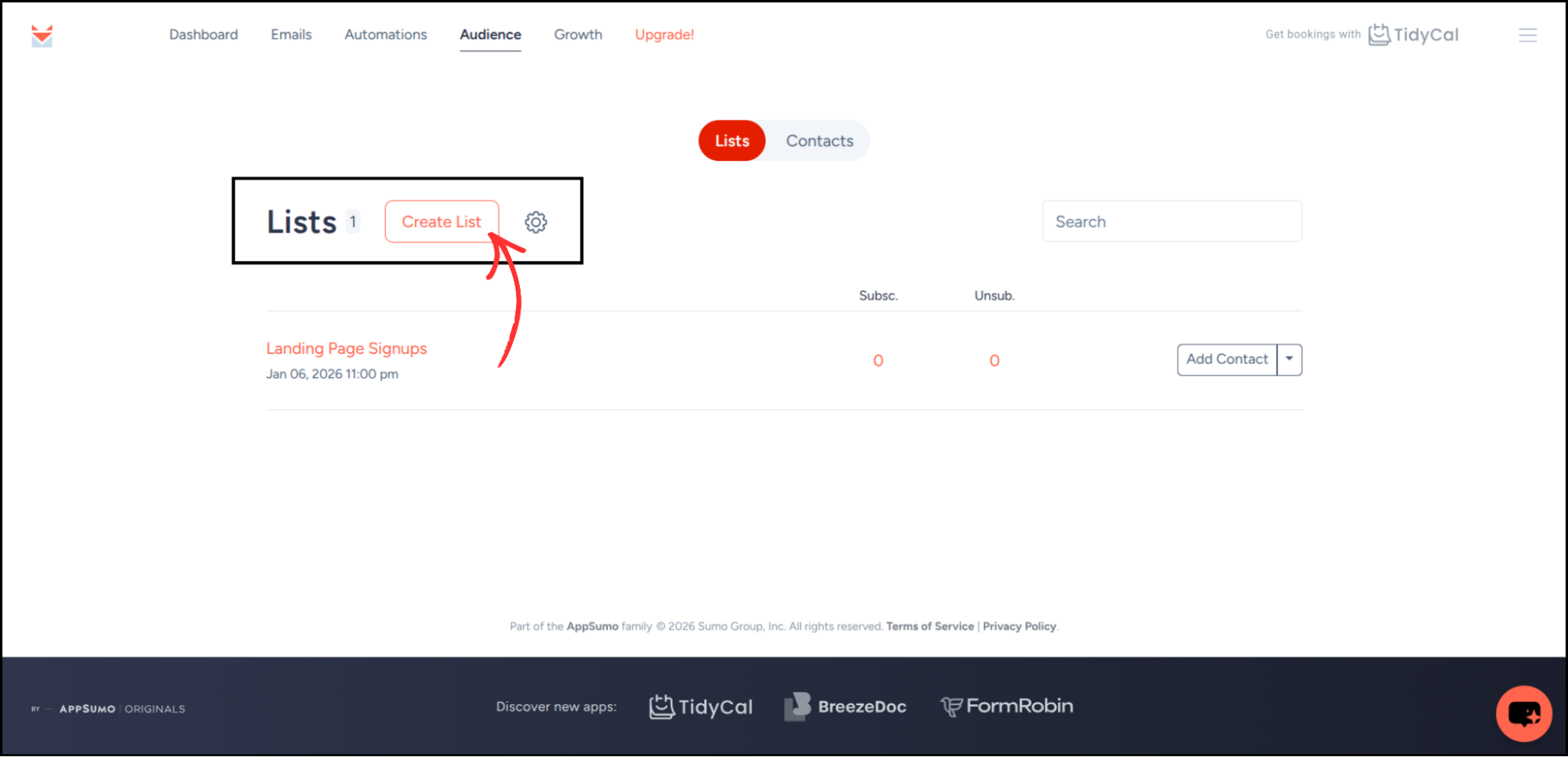 SendFox Audience page showing Lists section with Create List button highlighted