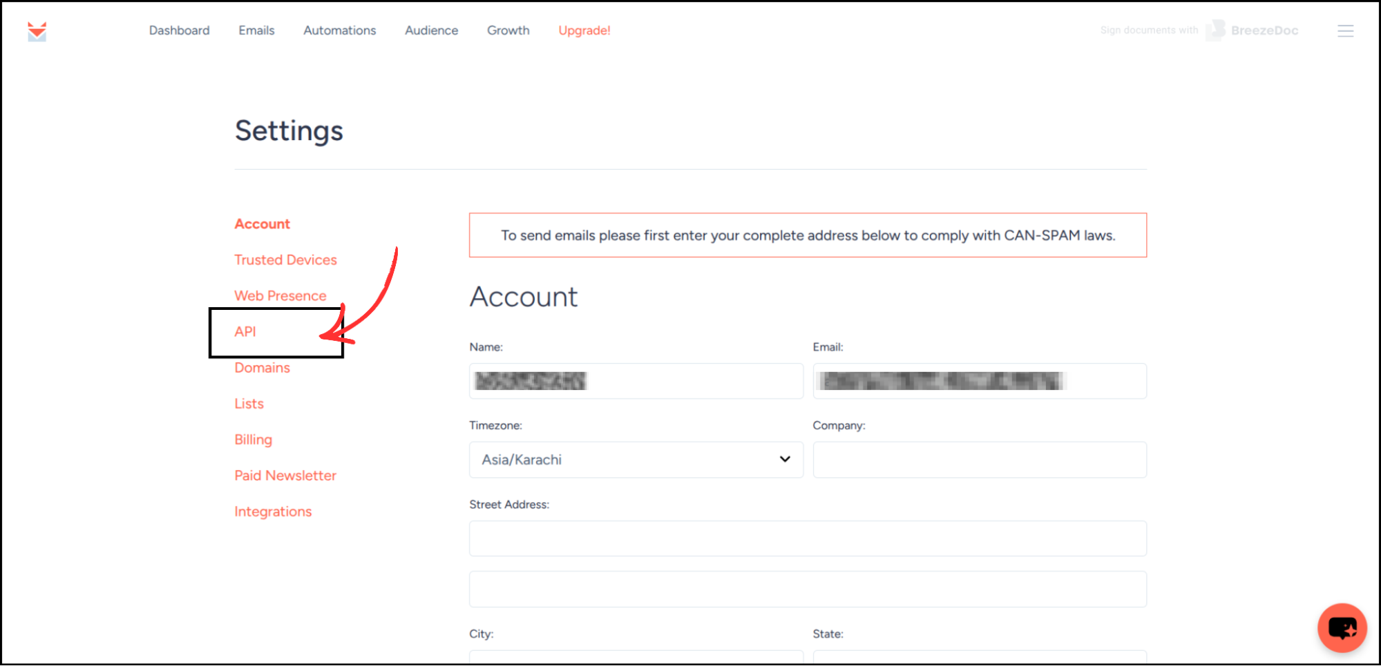 SendFox Settings page showing API option highlighted in sidebar