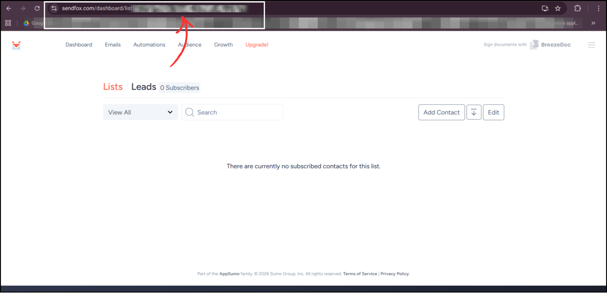SendFox Leads list page showing browser URL bar with list ID highlighted