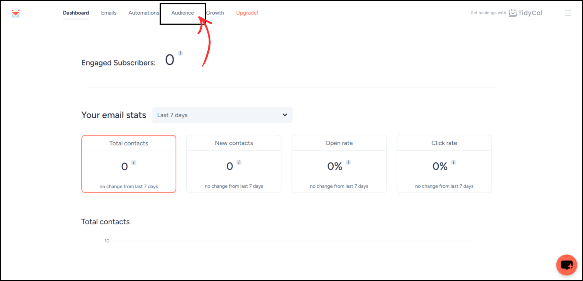 SendFox dashboard with Audience navigation tab highlighted