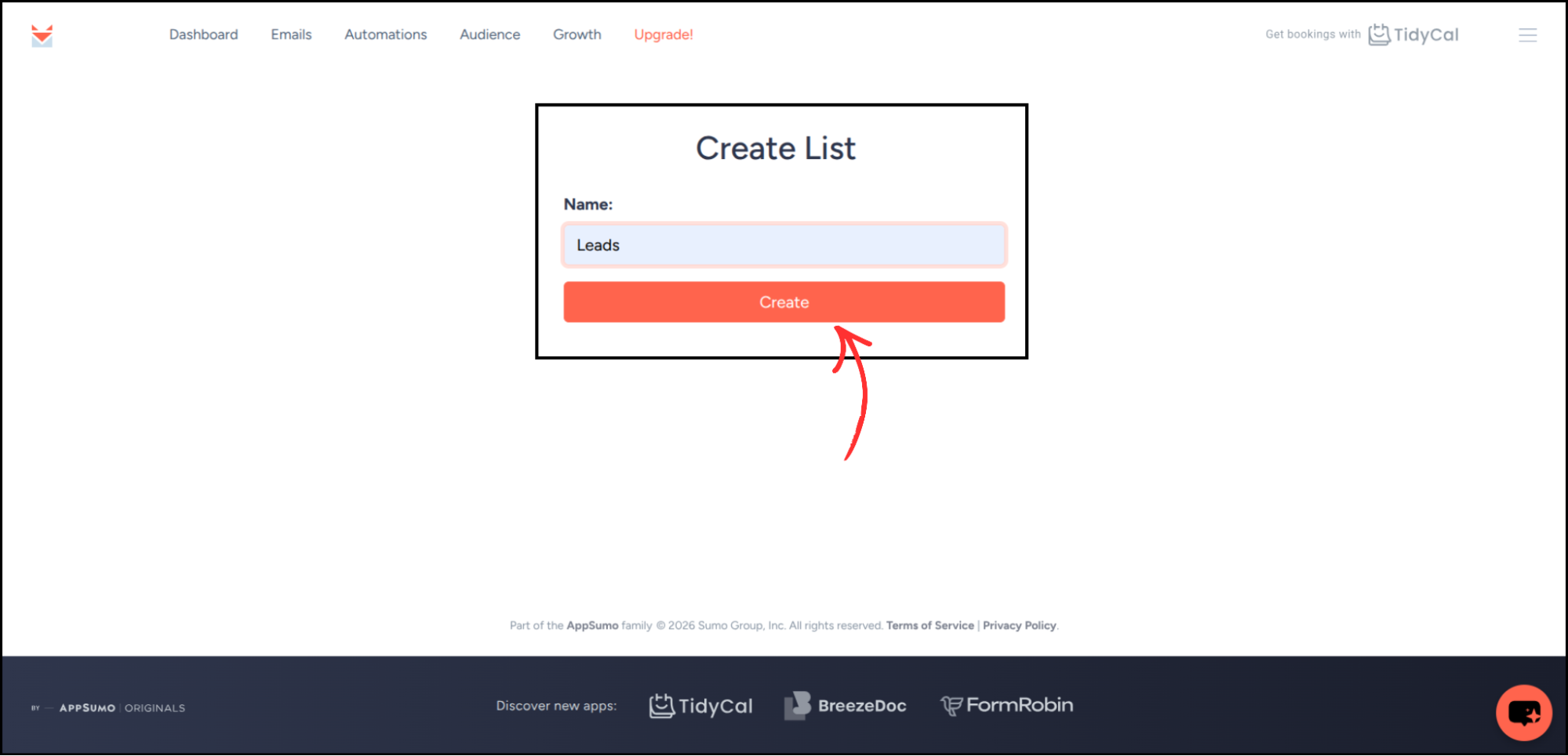SendFox Create List dialog with Name field showing Leads and Create button highlighted