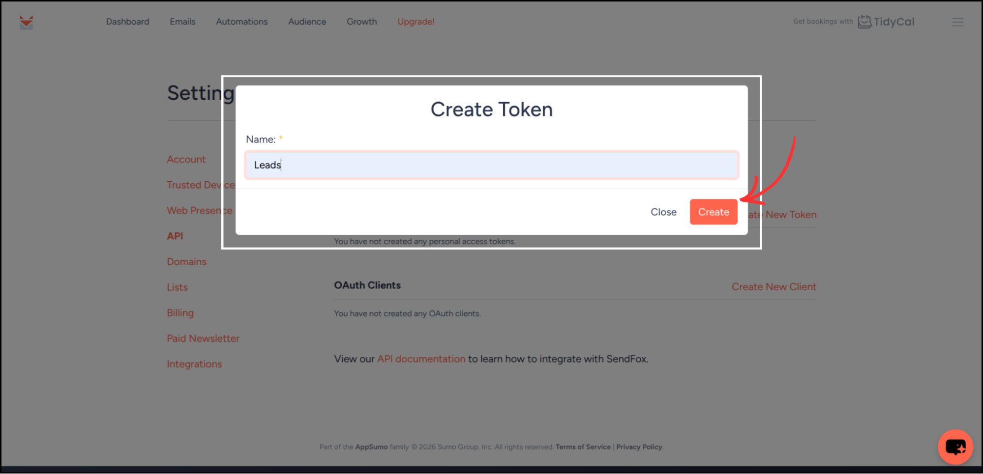 SendFox Create Token dialog with Name field showing Leads and Create button highlighted
