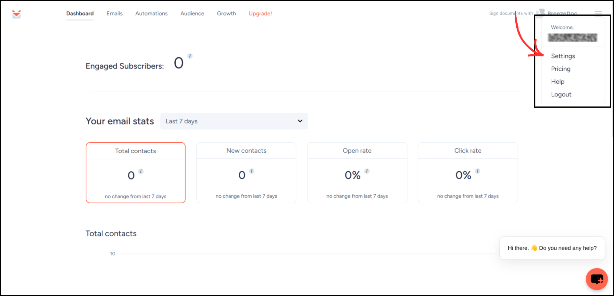 SendFox dashboard with profile dropdown menu showing Settings option highlighted
