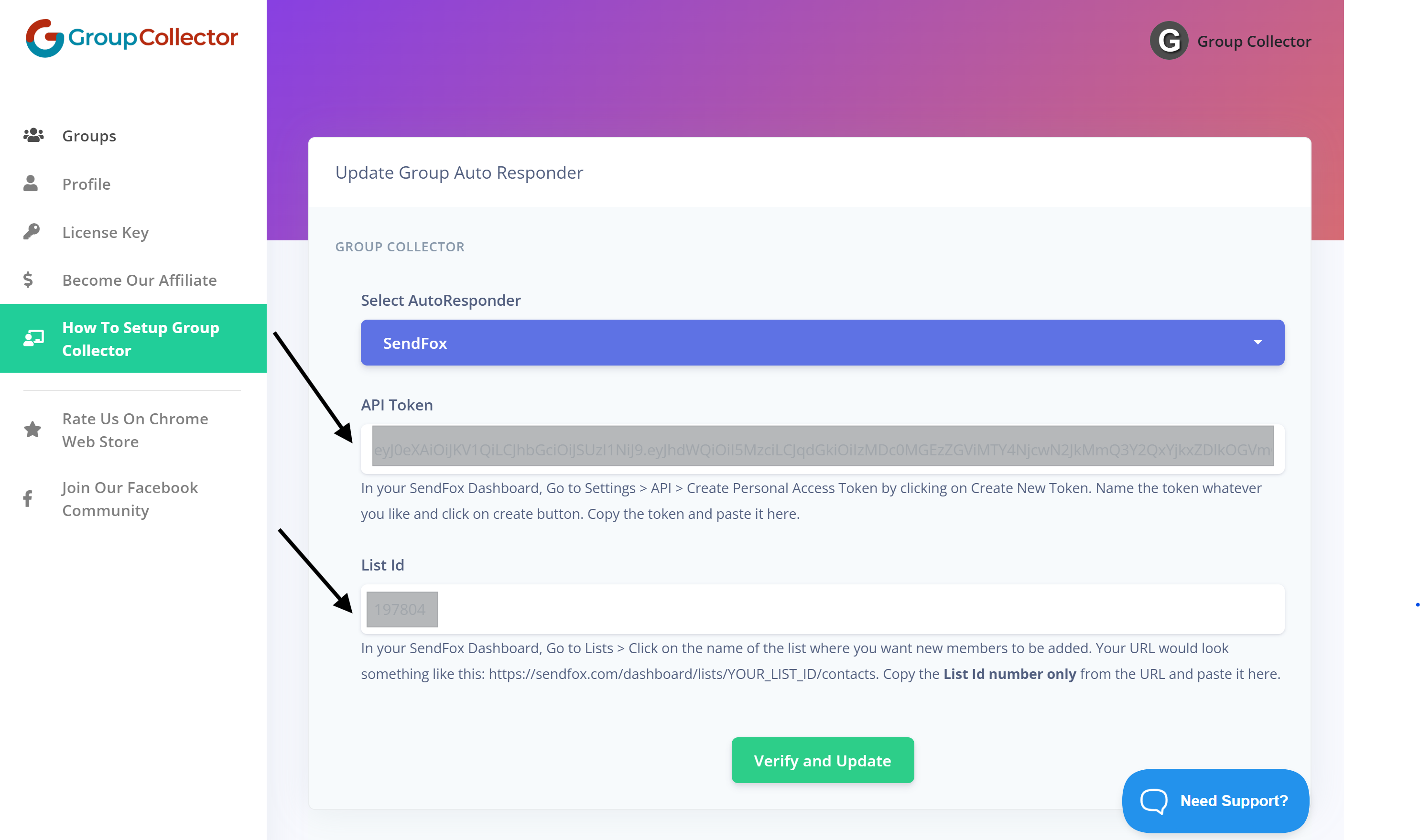SendFox integration form with API Token and List id