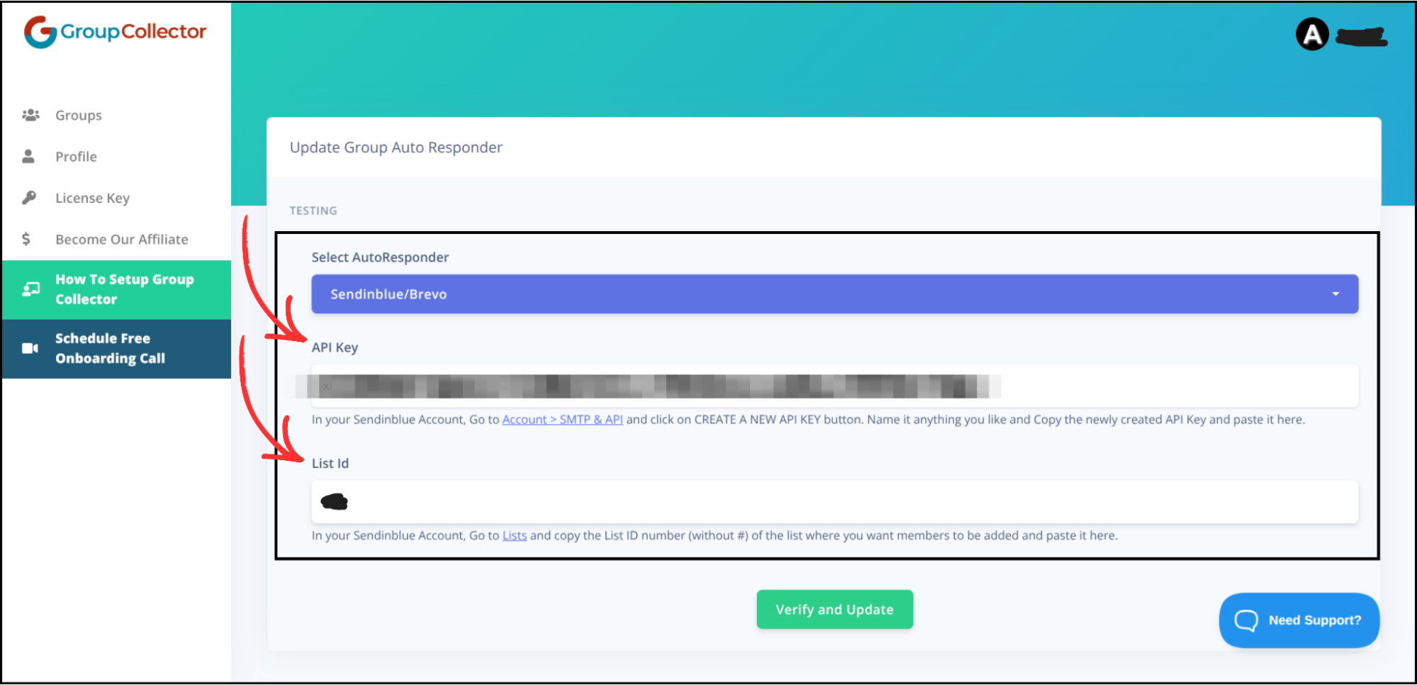 Group Collector Brevo configuration form showing API Key and List Id fields with arrows pointing to both