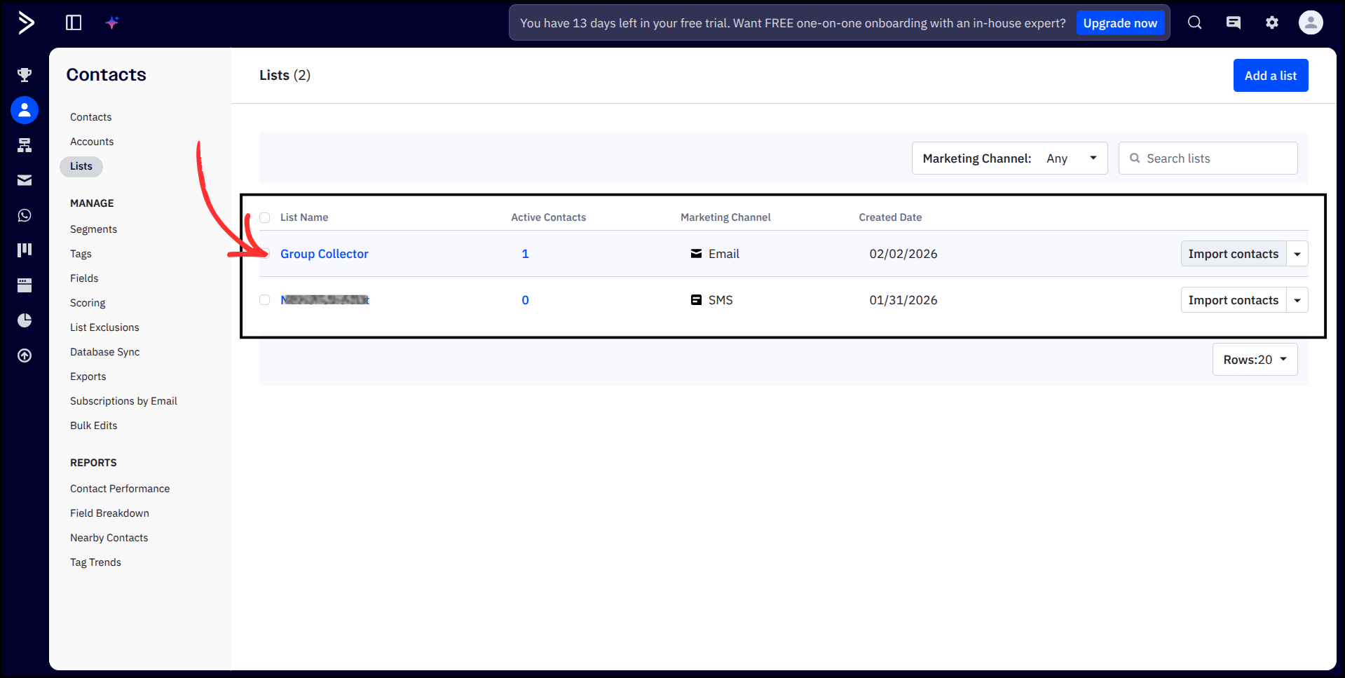ActiveCampaign Lists page showing list names with Group Collector list highlighted