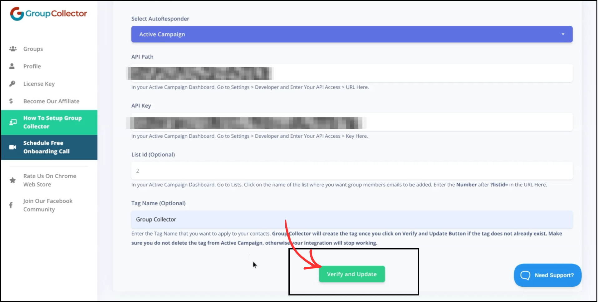 Group Collector ActiveCampaign configuration form with Verify and Update button highlighted