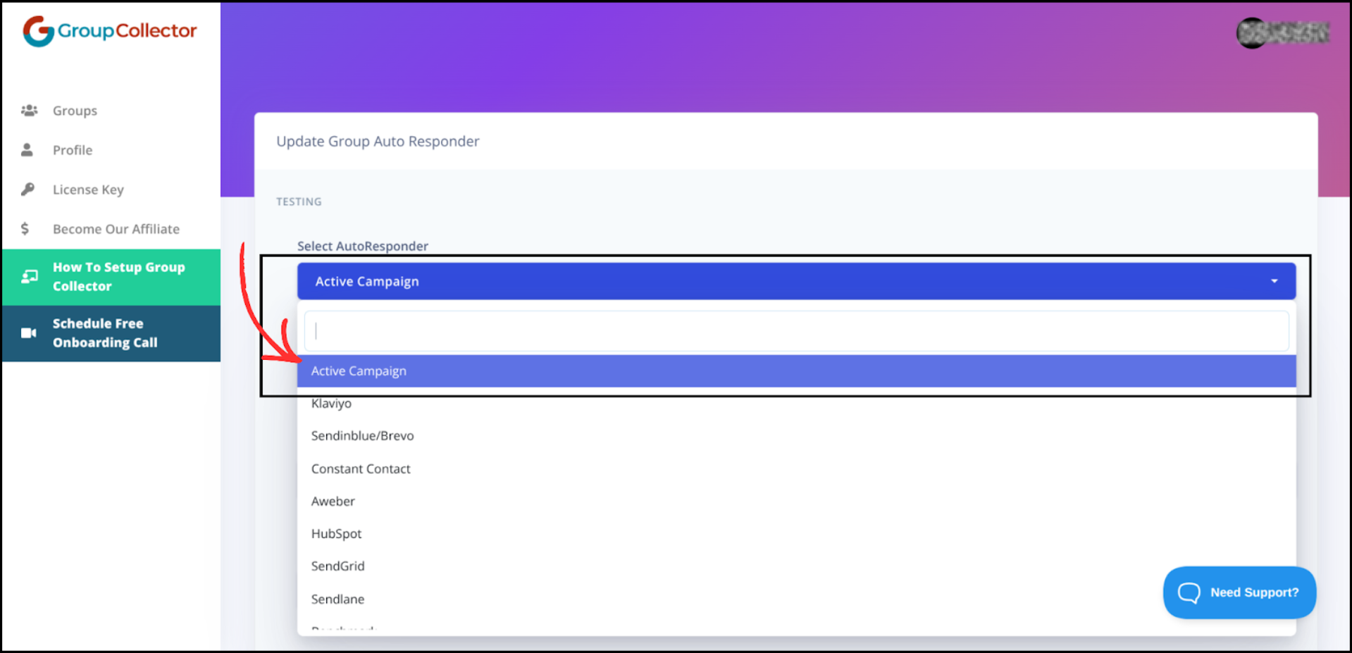 Group Collector autoresponder dropdown menu with Active Campaign option highlighted