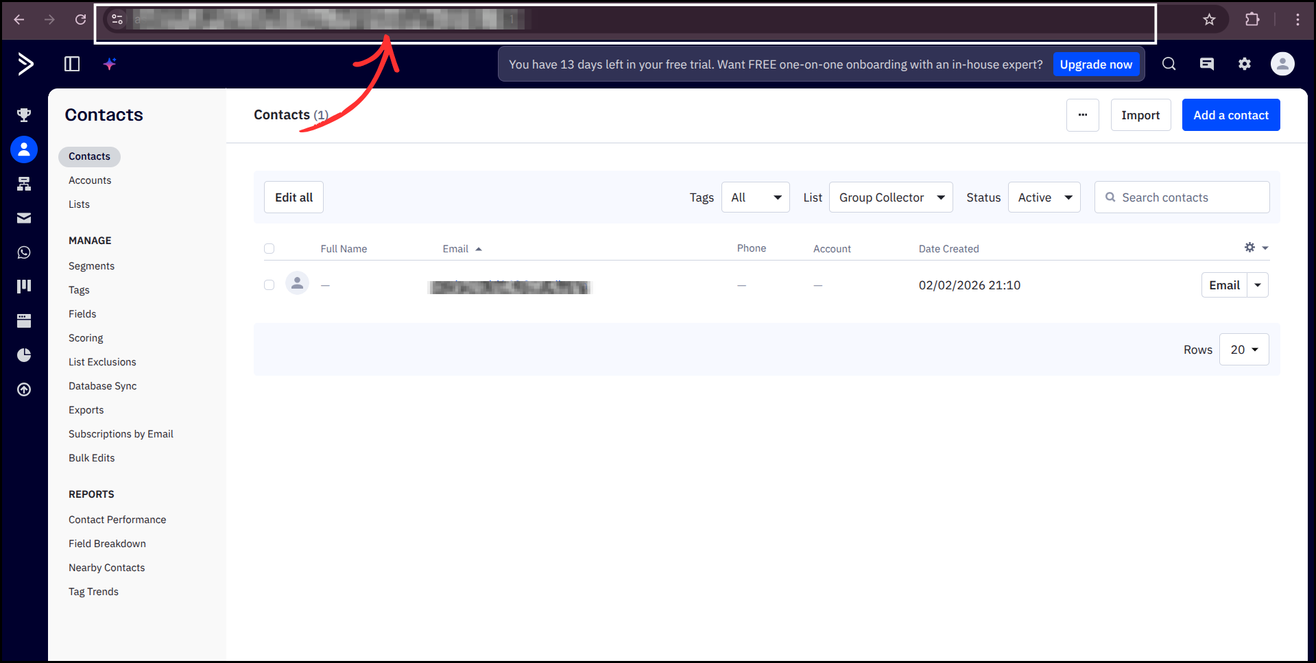ActiveCampaign Contacts page with browser URL bar showing List ID highlighted