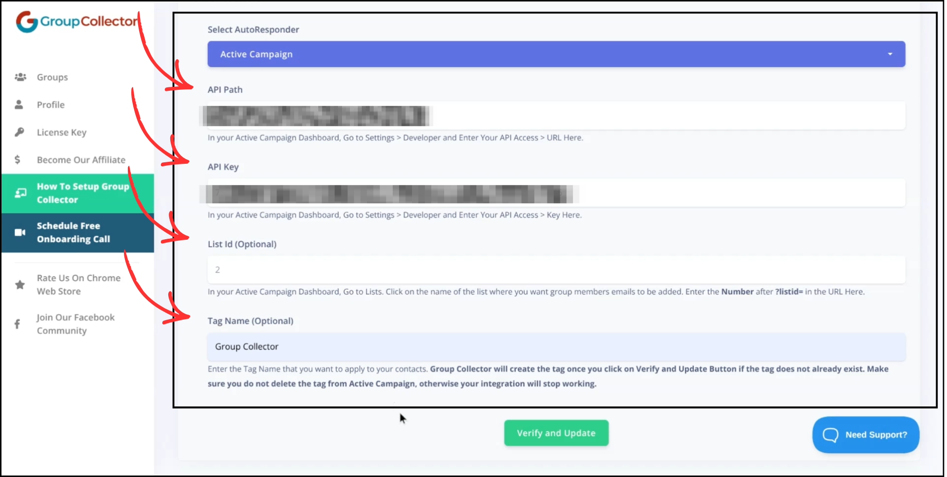 Group Collector ActiveCampaign configuration form showing API Path, API Key, List Id, and Tag Name fields with arrows pointing to each